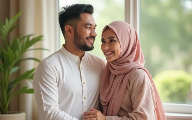 Pasangan Melayu tersenyum sopan dalam pakaian tradisional, melambangkan kebahagiaan dan keharmonian budaya.