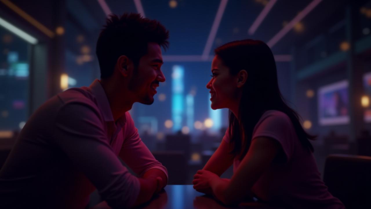 Dua avatar digital berinteraksi dalam persekitaran kafe maya yang futuristik, dikelilingi oleh elemen UI neon dan zarah bercahaya.