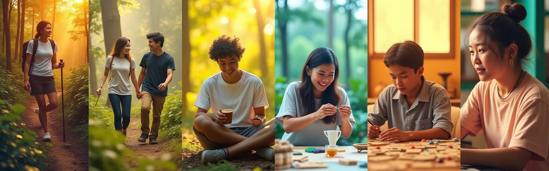 Kolaj visual pelbagai individu yang terlibat dalam aktiviti kegemaran mereka seperti mendaki, melukis, bermain muzik, dan minum kopi bersama. Mereka kelihatan gembira dan berinteraksi.