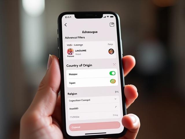 Antara muka aplikasi dengan penapis lanjutan untuk mencari padanan berdasarkan Bahasa, Negara Asal, dan Agama