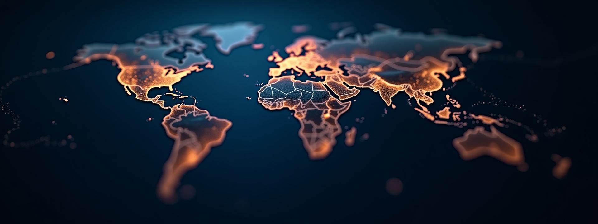 Peta dunia dengan garisan bercahaya yang menghubungkan pelbagai bandar, melambangkan sambungan global untuk dating global