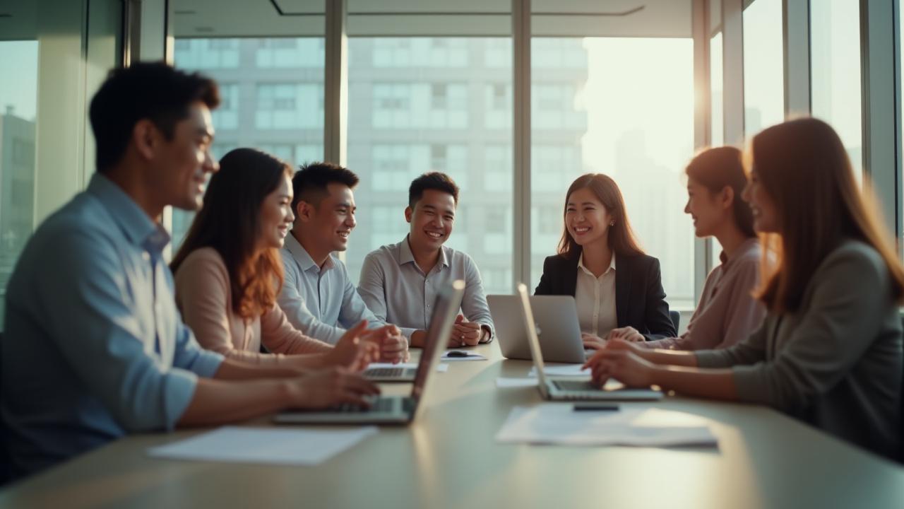 Sekumpulan profesional Ular Tedung Hati yang mesra dan pelbagai sedang bekerjasama di pejabat moden di Kuala Lumpur, suasana ceria.